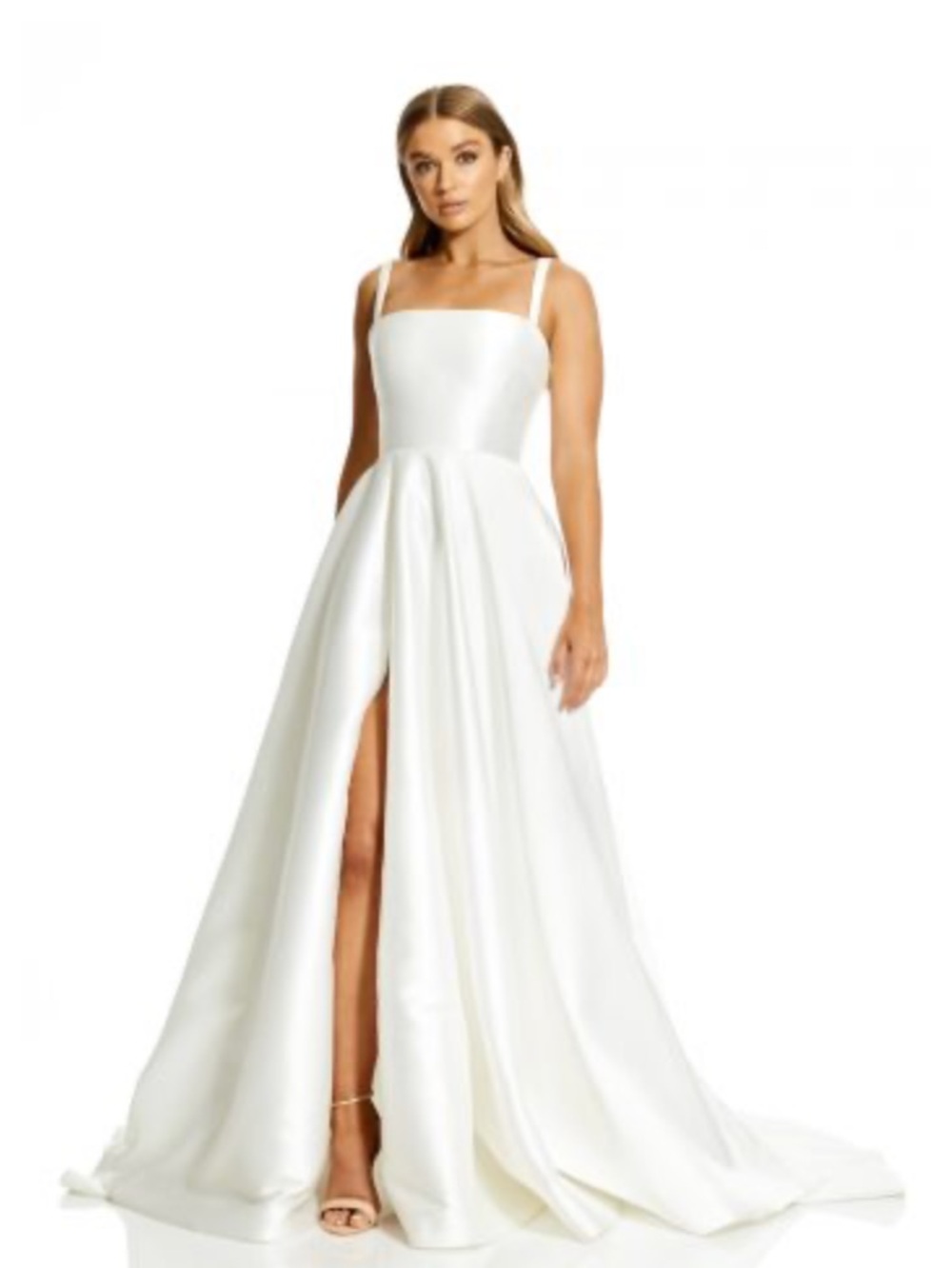 Strap Square-Neck White Bridal Gown with Front Slit